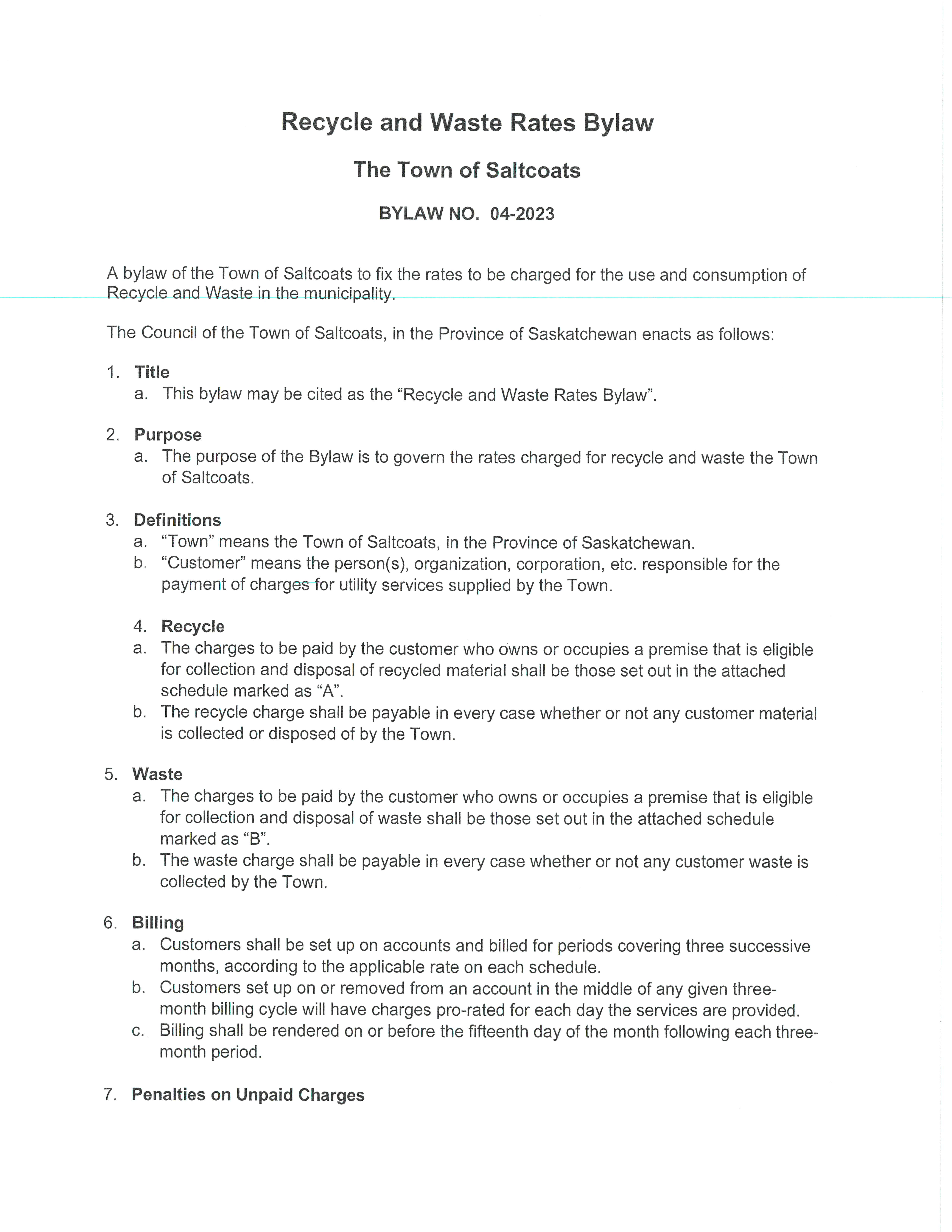 Recycle and Waste Rates Bylaw (page 1)